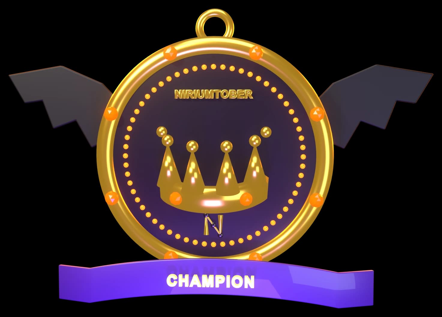 Champion badge, gold and purple medal with a crown