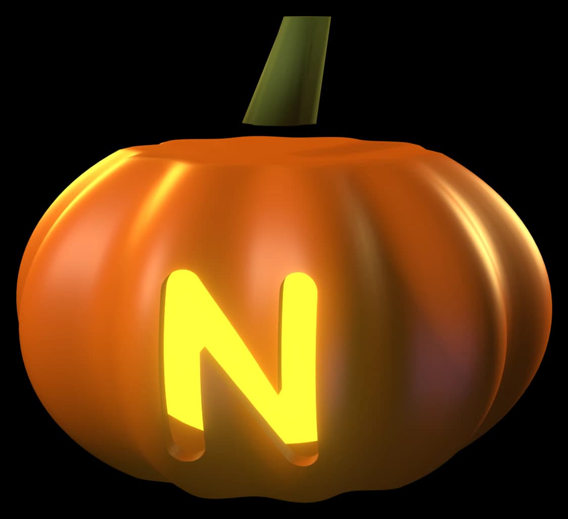 A carved pumpkin with a glowing Nirium N