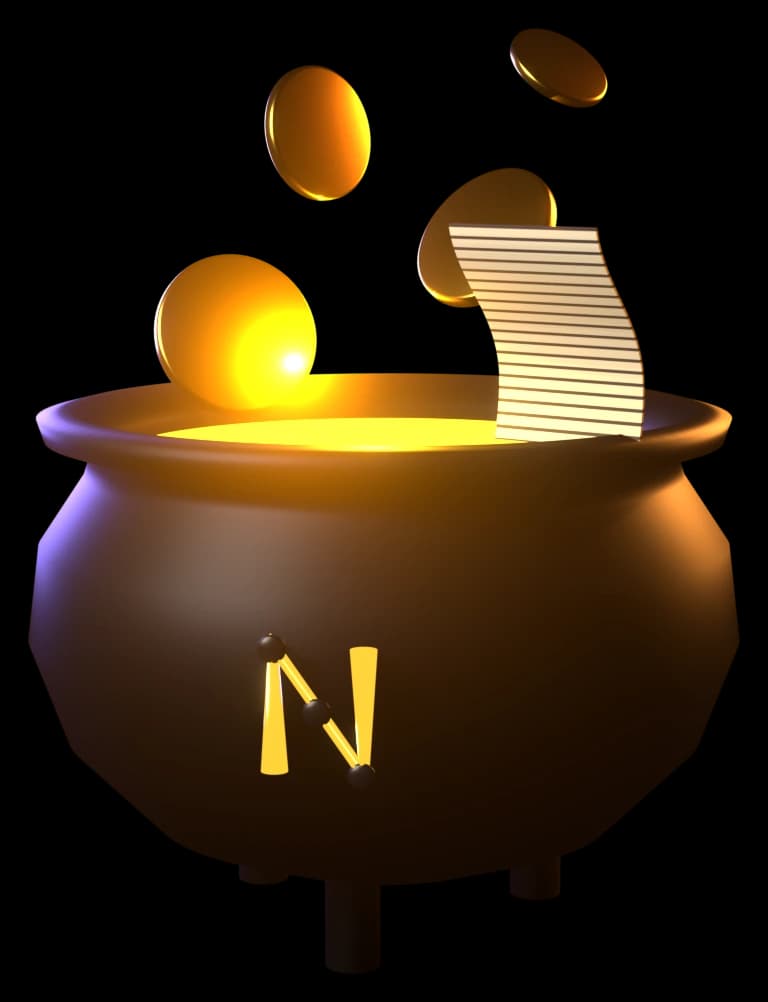 A cauldron with coins and a receipt floating out of it